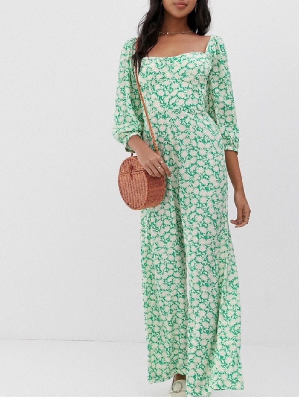 Capulet Green White Floral Lightweight Open Neck 3/4 Sleeve Wide-Leg Jumpsuit S